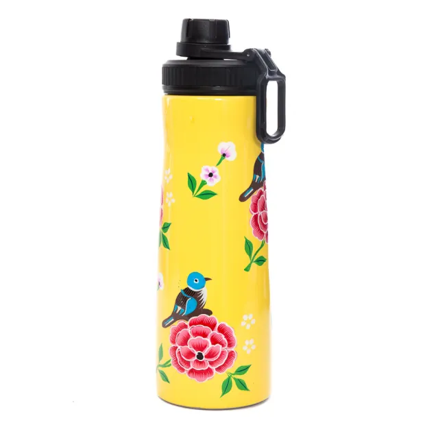 Gourde inox peinte à la main jaune avec oiseau