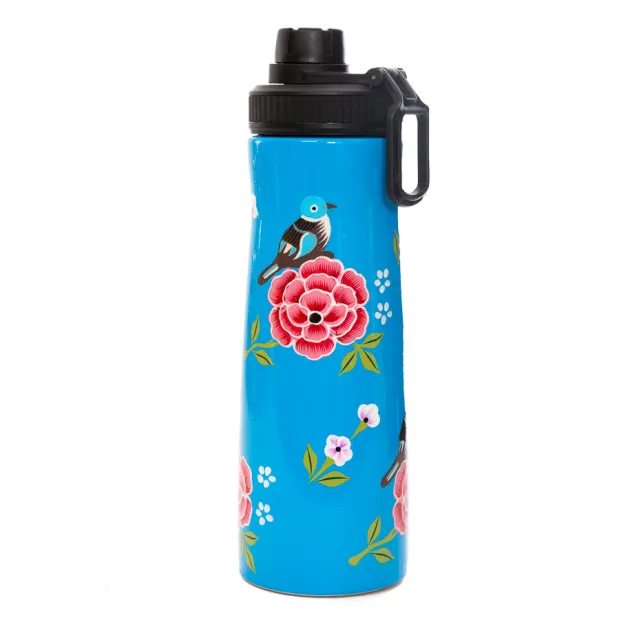 Gourde inox peinte à la main bleue avec oiseau