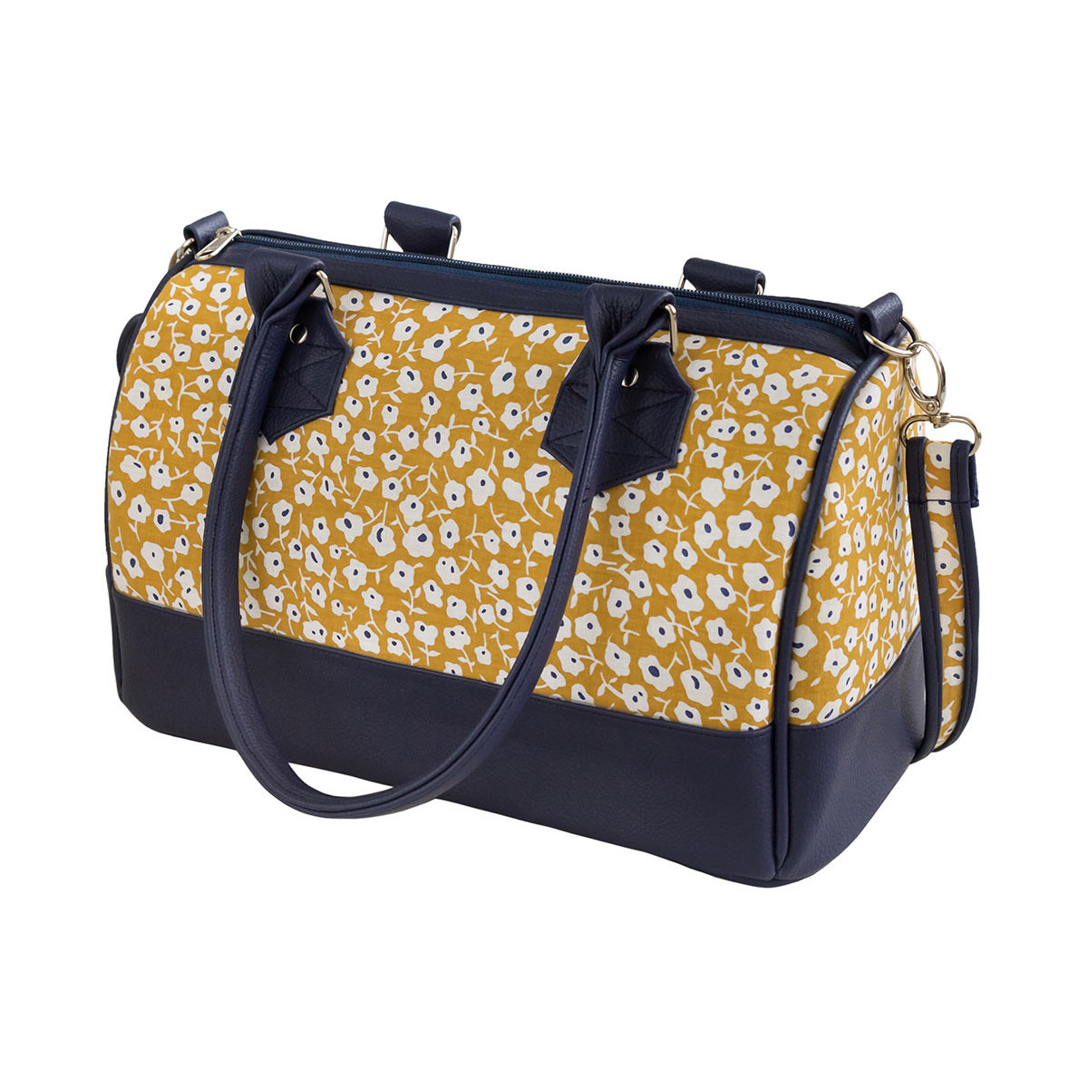 Sac à main femme bowling jaune moutarde et bleu marine parsemé de