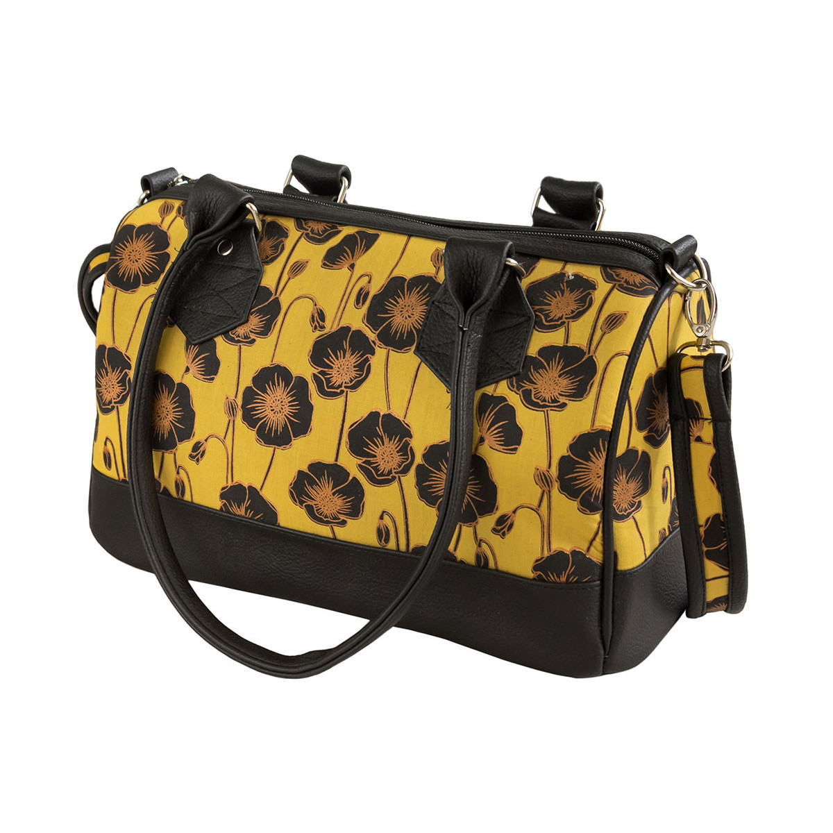 Sac main femme bowling jaune parsem de coquelicots noirs