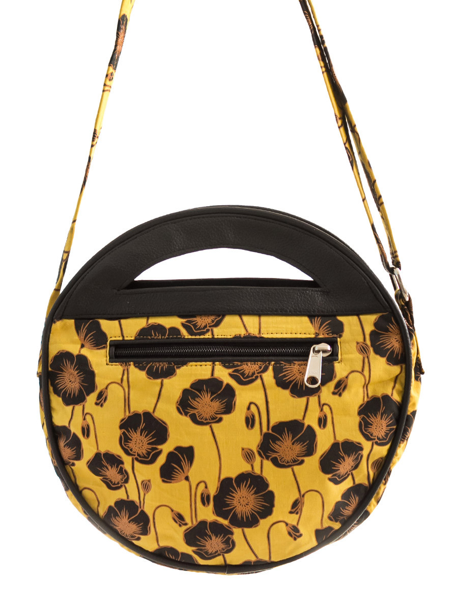 Sac main femme rond jaune moutarde imprim coquelicots noirs
