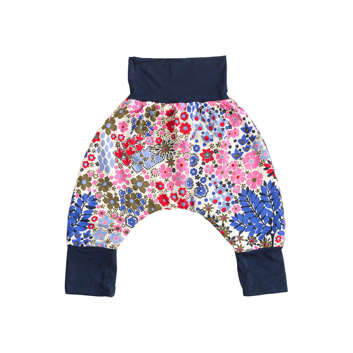 Pantalon sarouel doublé bébé 6-36 mois bleu et fleurs