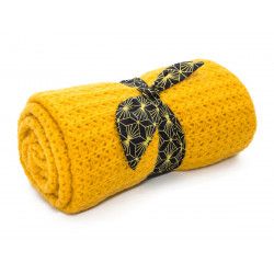 Couverture, plaid laine tricotée jaune miel - Bibop et Lula