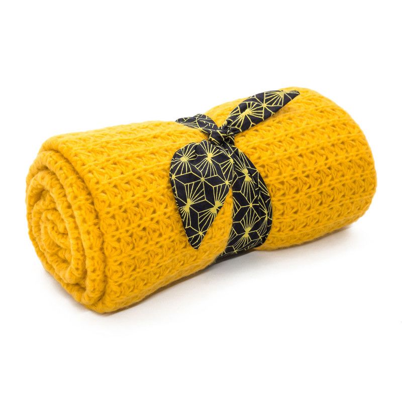 Couverture, plaid laine tricotée jaune miel