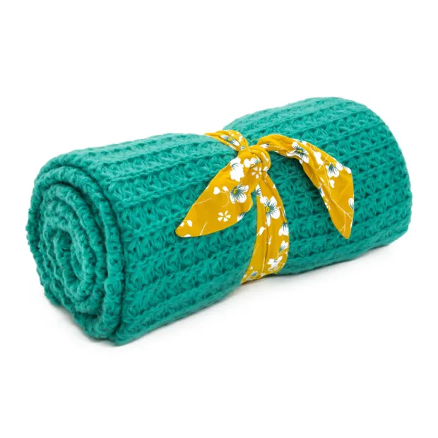 Couverture, plaid laine tricotée vert turquoise