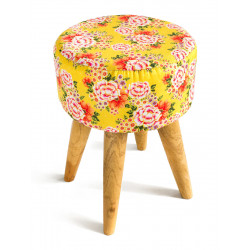 Tabouret rond tissu imprimé jaune et fleurs rose orange - Bibop et Lula