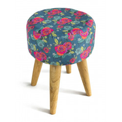 Tabouret rond tissu imprimé bleu gris et fleurs - Bibop et Lula