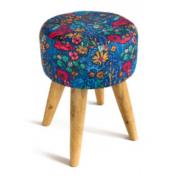 Tabouret rond tissu imprimé bleu et fleurs colorées - Bibop et Lula