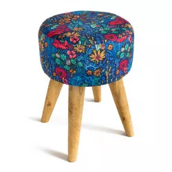 Tabouret rond tissu imprimé bleu et fleurs colorées - Bibop et Lula