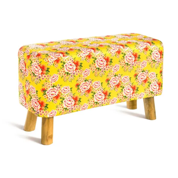 Banc tissu imprimé jaune et fleurs rose orange