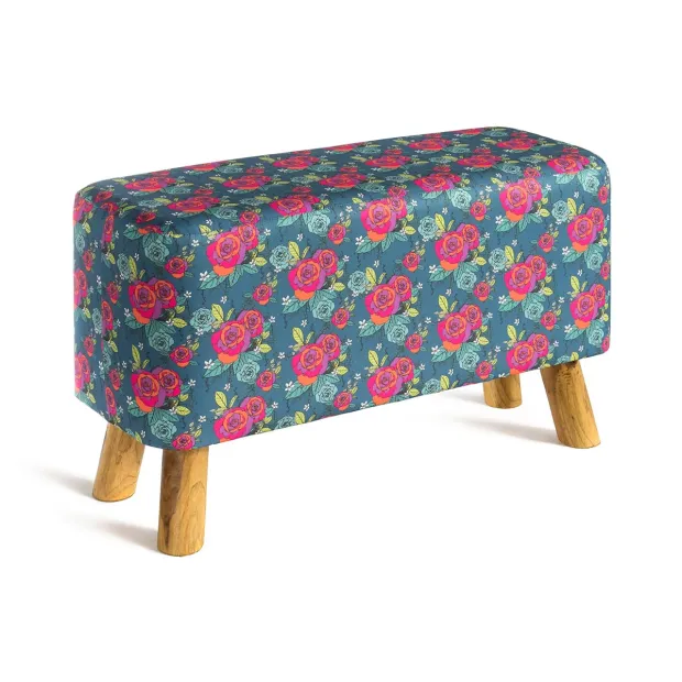 Banc tissu imprimé bleu gris et fleurs colorées