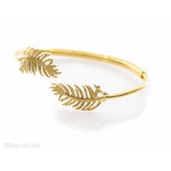 Bracelet, jonc fin laiton doré ajustable motif feuilles