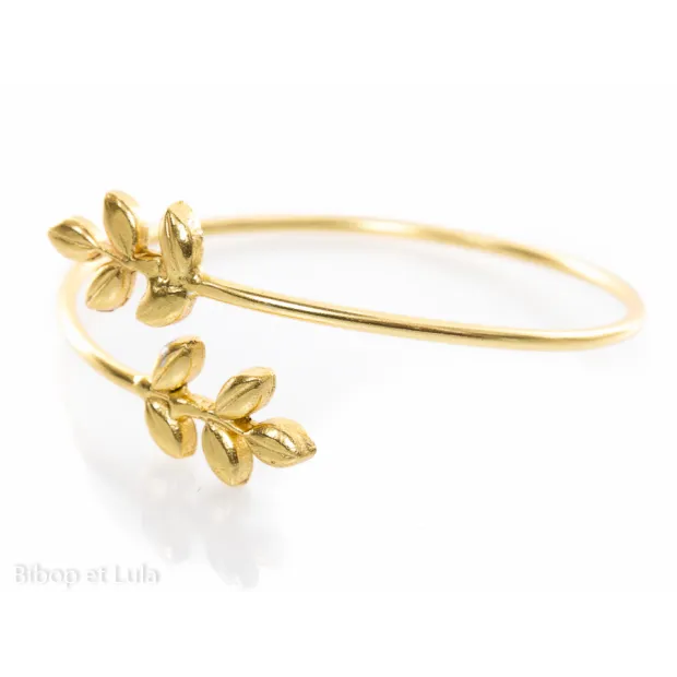 Bracelet, jonc laiton doré ajustable motif petites feuilles