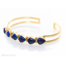 Manchette, bracelet laiton doré pierres fines bleues lapis lazuli