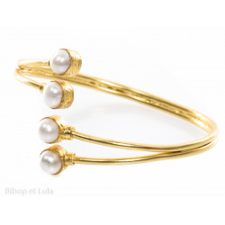Jonc, bracelet laiton doré perles blanches - Bibop et Lula