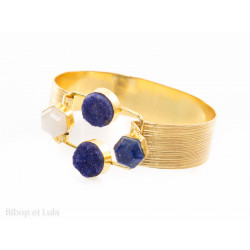 Manchette, bracelet laiton lapis lazuli et pierre de lune - Bibop et Lula