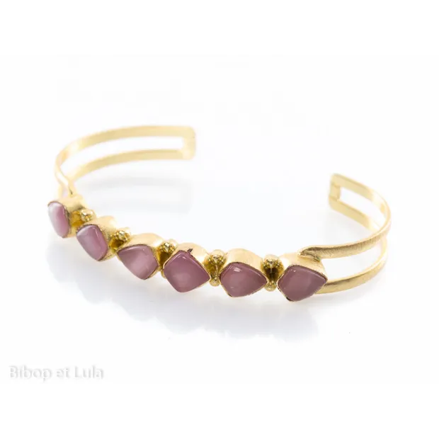 Manchette, bracelet laiton doré pierres fines roses mauves