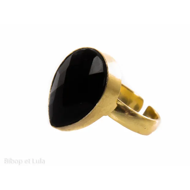 Bague laiton doré onyx noire facettée goutte