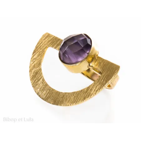 Bague laiton doré demi-cercle améthyste facéttée