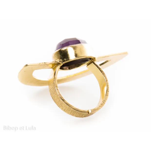 Bague laiton doré demi-cercle améthyste facéttée