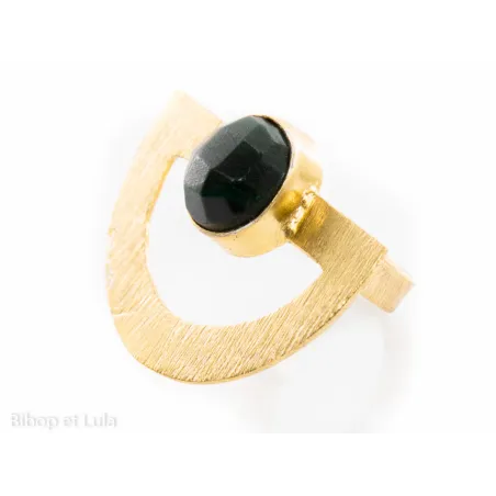 Bague laiton doré demi-cercle pierre verte facettée