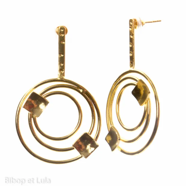 Boucles d'oreilles, clous laiton doré anneaux et carrés