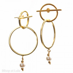 Boucles d'oreilles, clous laiton anneaux et perle - Bibop et Lula