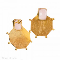 Boucles d'oreilles, clous laiton doré motif hexagone et quartz rose - Bibop et Lula