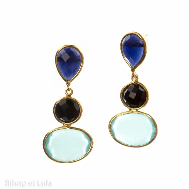 Boucles d'oreilles, clous laiton gouttes tricolores