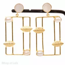 Boucles d'oreilles, clous laiton rectangle feuilles et pierres nacrées - Bibop et Lula