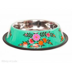 Gamelle pour chien inox peint à la main Jaya bleu vert