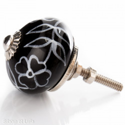 Bouton de meuble céramique Noir couronne fleurs blanches - Bibop et Lula