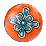 Bouton de meuble céramique Orange fleur graphique bleue - Bibop et Lula