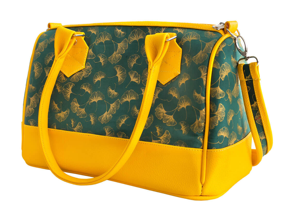 Sac main femme bowling jaune tissu vert meraude motif ginkgo