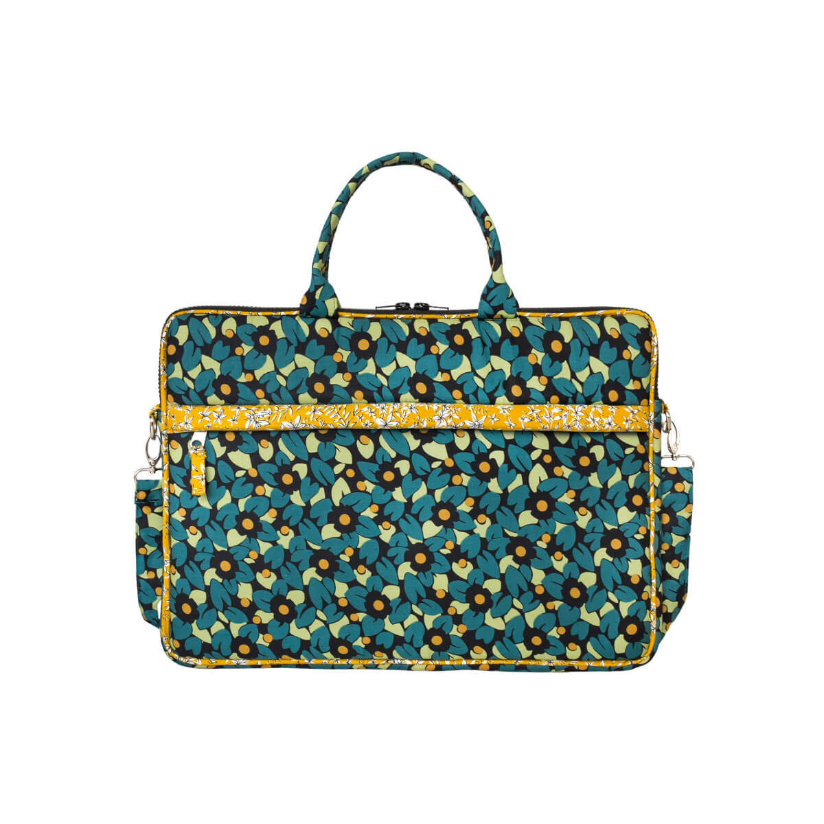 Sac ordinateur portable tissu bleu et jaune imprimé fleuri coloré