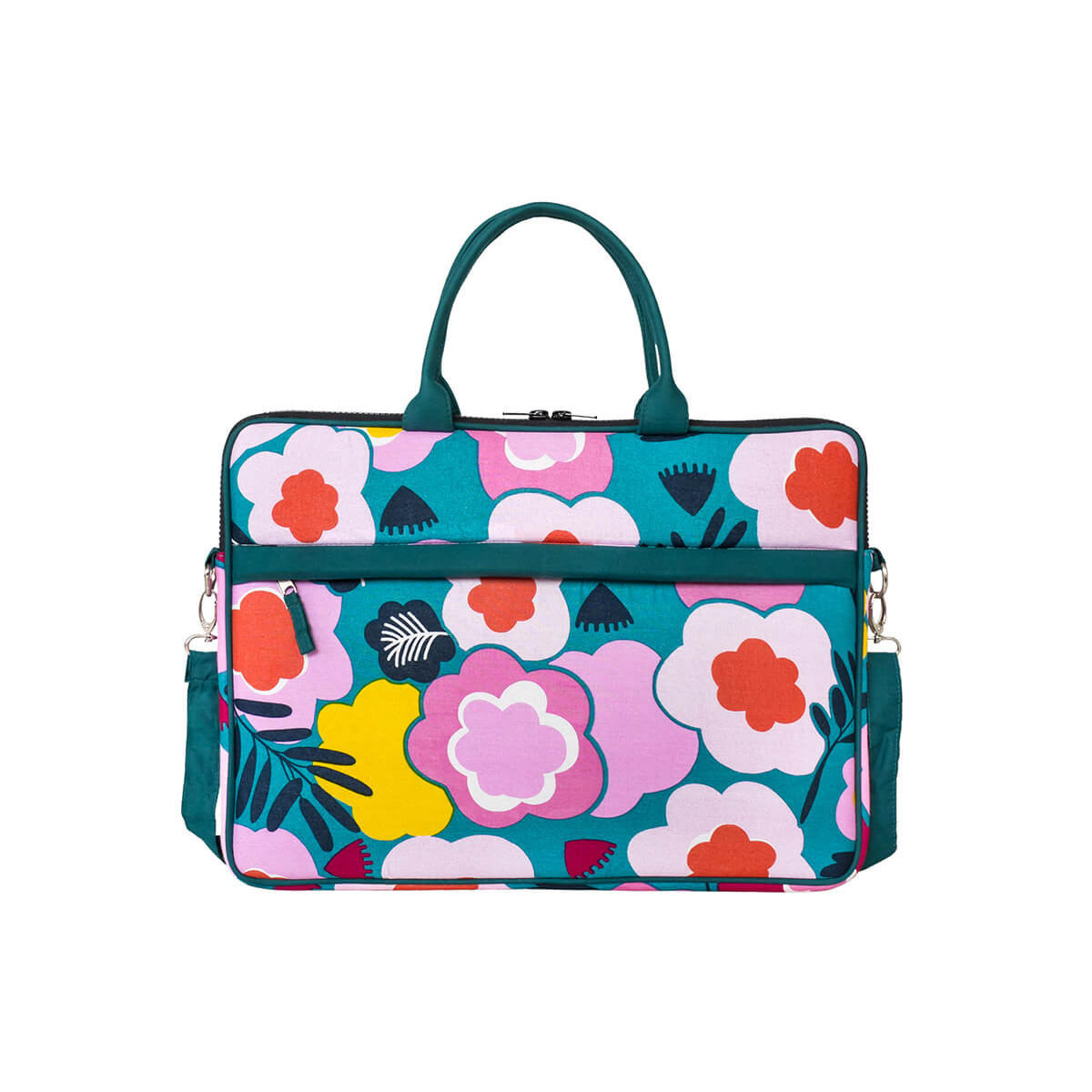 Sac ordinateur portable tissu bleu ciel motif fleurs roses et jaunes