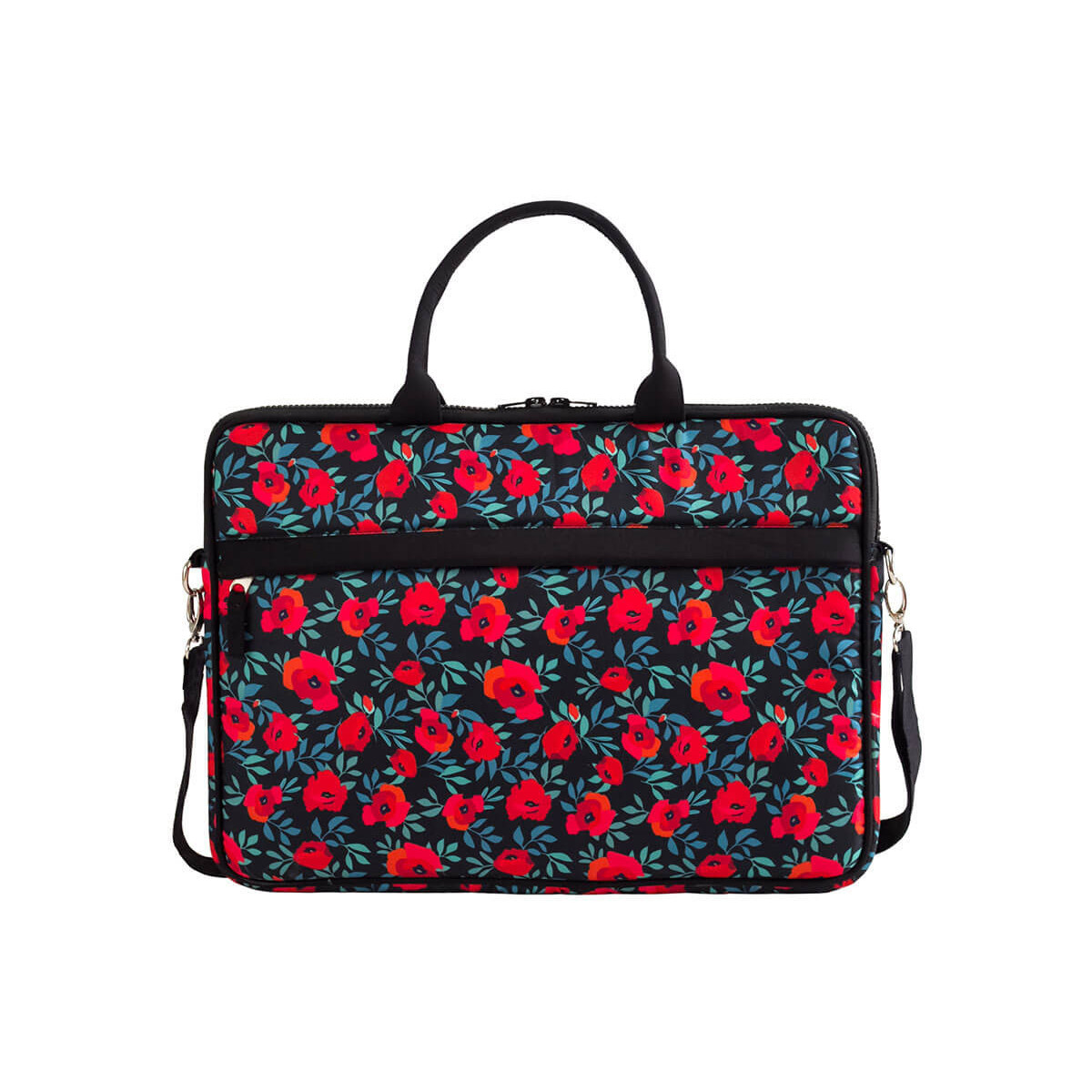 Sac ordinateur portable tissu noir imprimé fleuri rouge