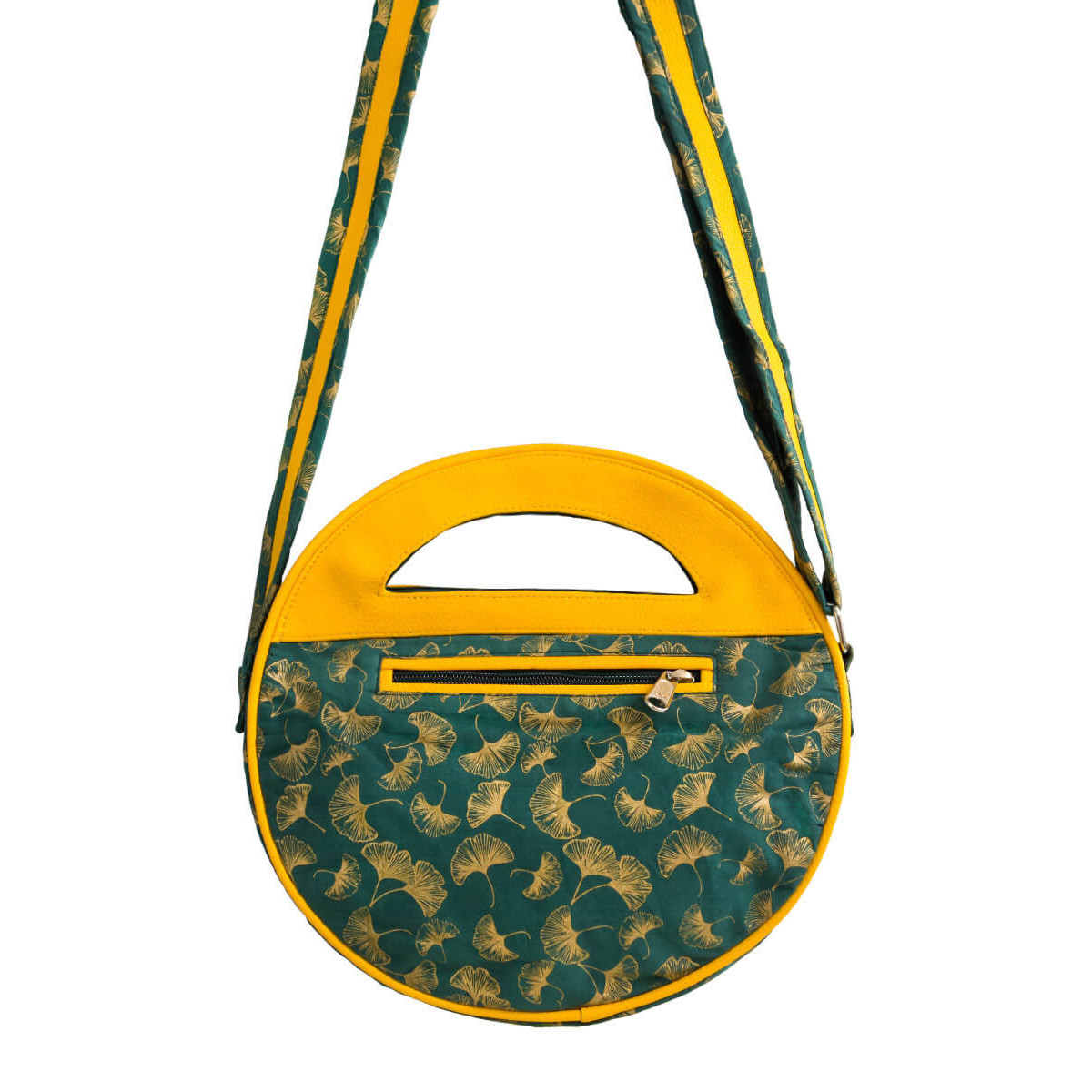 Sac à main femme jaune et vert émeraude motif feuilles de gingko dorés