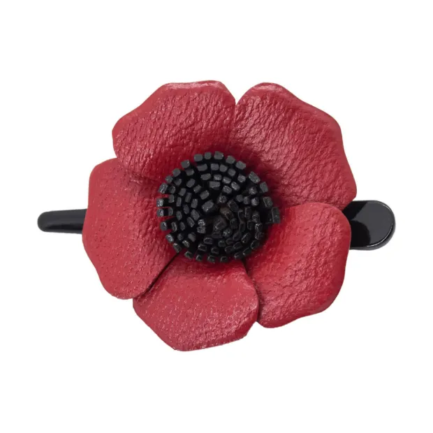 Barrette cuir en forme de coquelicot rouge