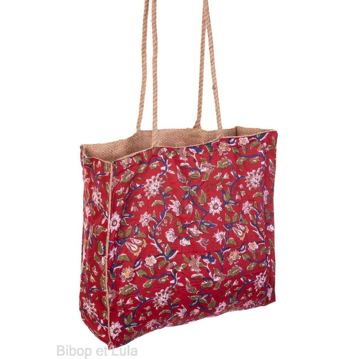 Sac cabas toile de jute rouge bordeau motif fleuri vert bleu et blanc
