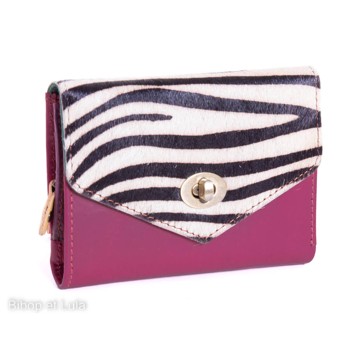 Petit portefeuille en patchwork cuir recycl rose framboise