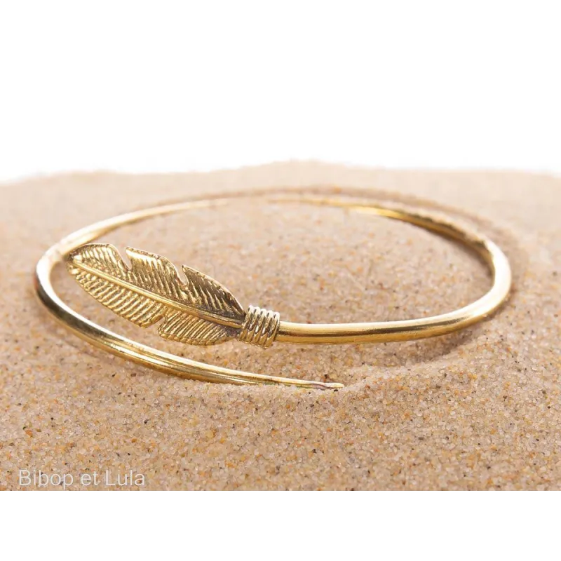 Jonc, bracelet laiton plume