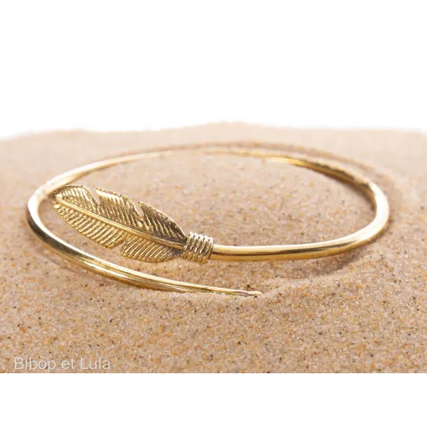 Jonc, bracelet laiton plume