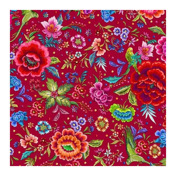 Velours ferme Pivoines et Perruches rouge