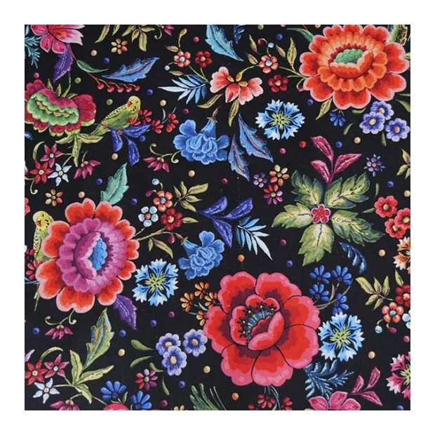 Velours ferme Pivoines et Perruches rouge