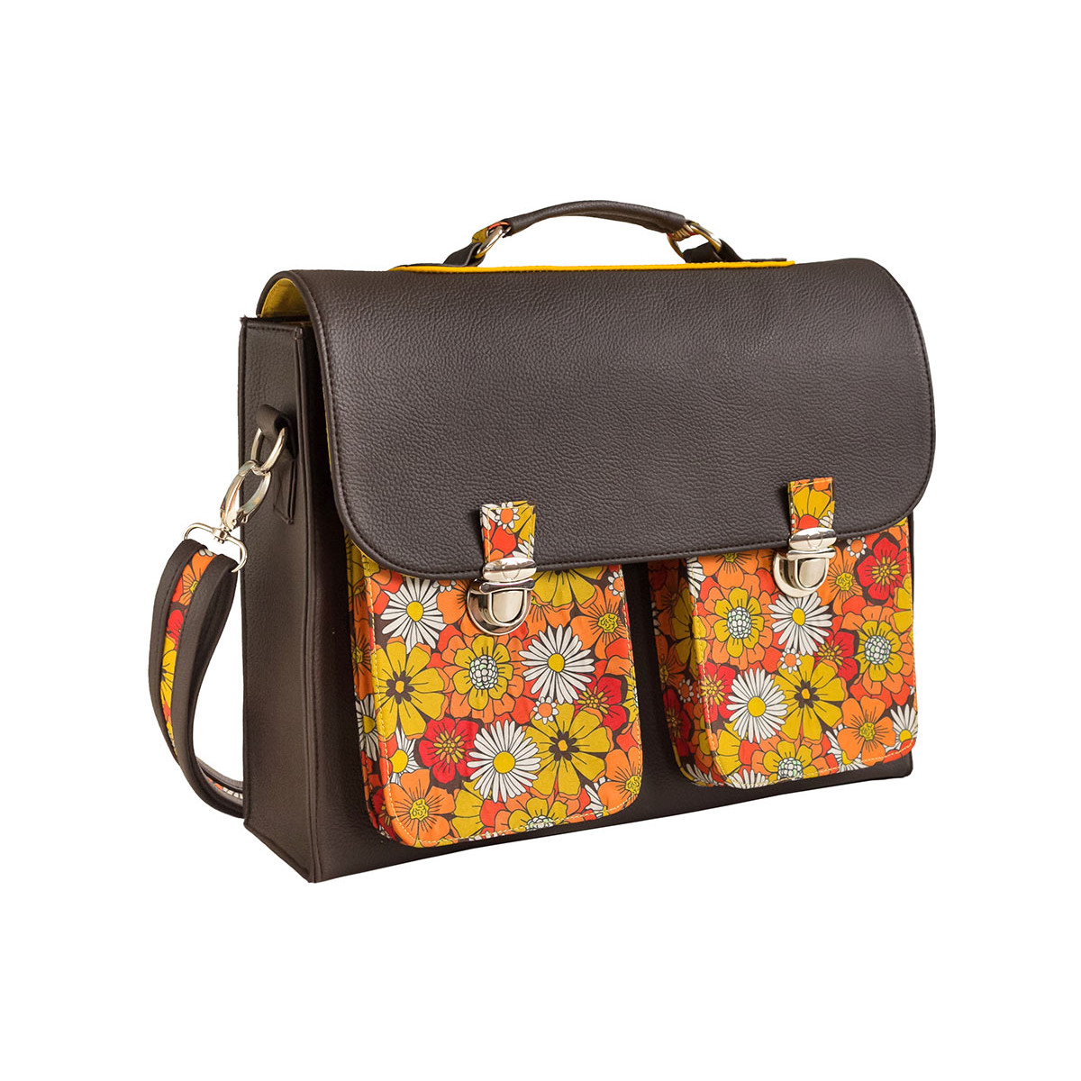 Cartable sacoche adulte tissu orange motif fleurs jaunes