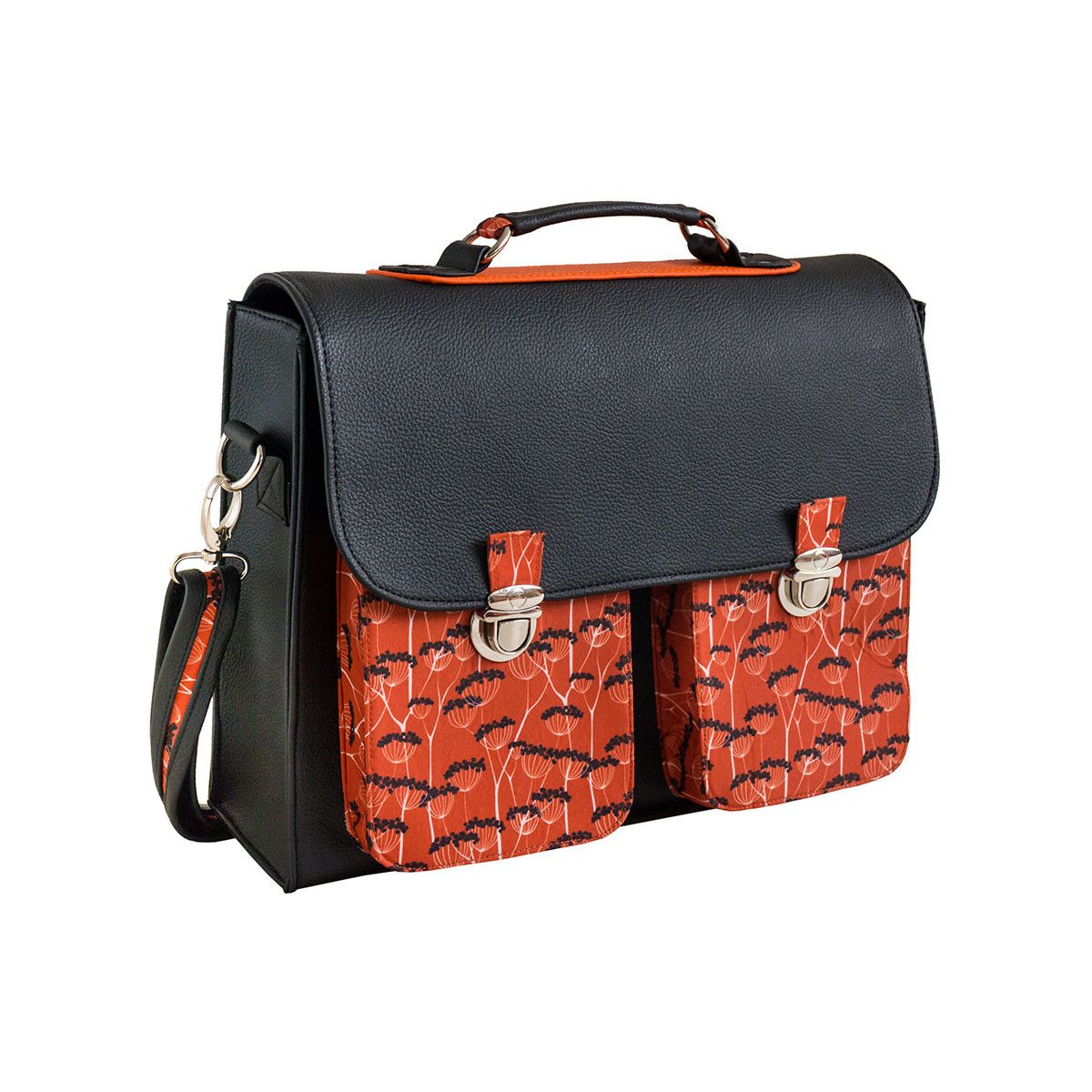 Cartable sacoche adulte tissu rouge terre cuite motif fleurs noires