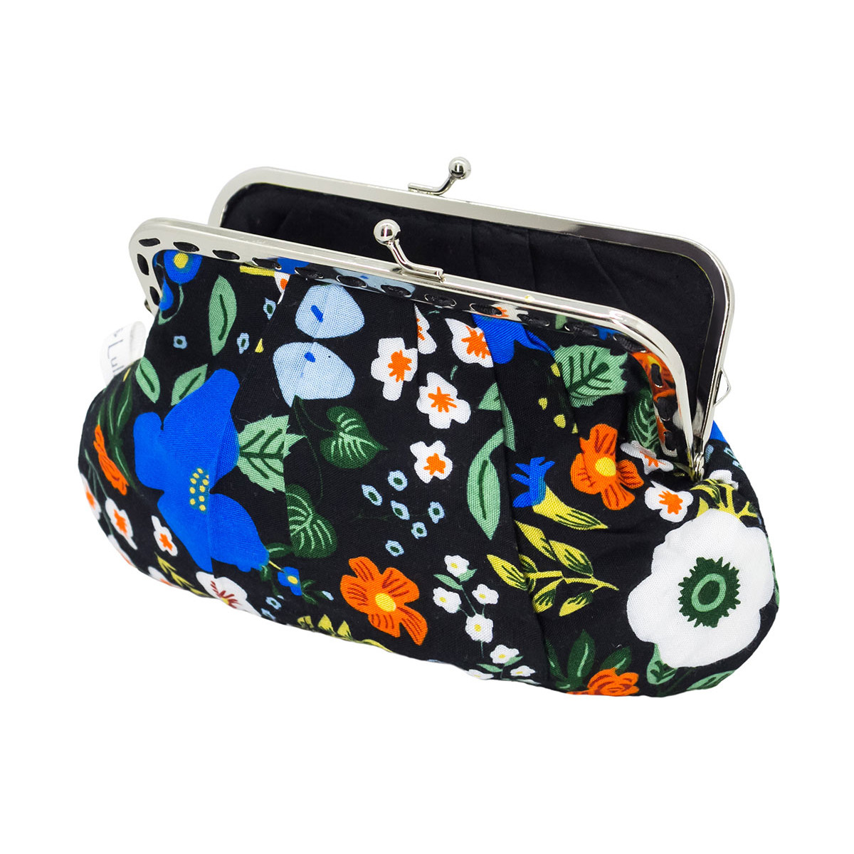 Grand porte-monnaie rétro noir imprimé fleurs bleu et orange