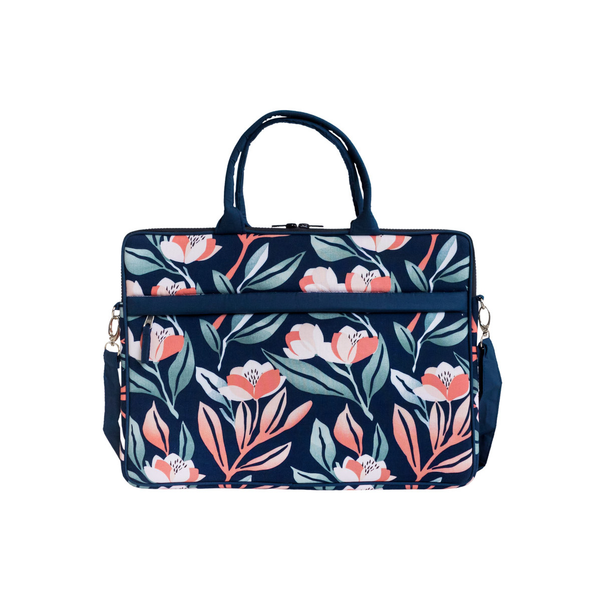 Sac ordinateur portable tissu bleu foncé imprimé fleurs orange pêche