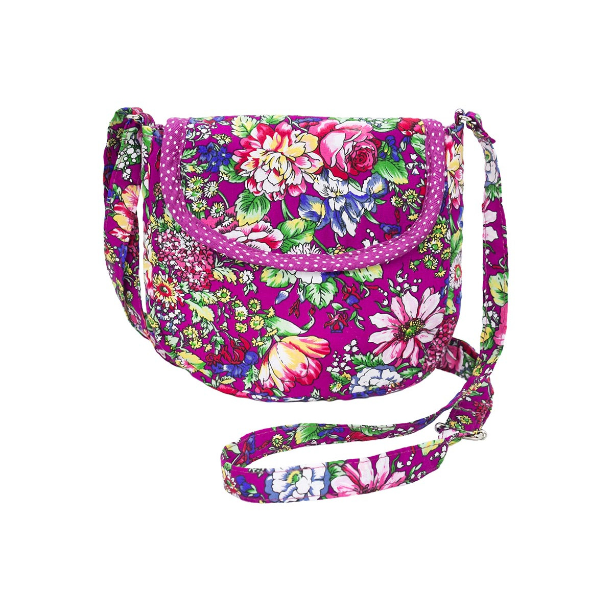 Petit sac a main bandouliere rose violet imprime fleurs multicolores
